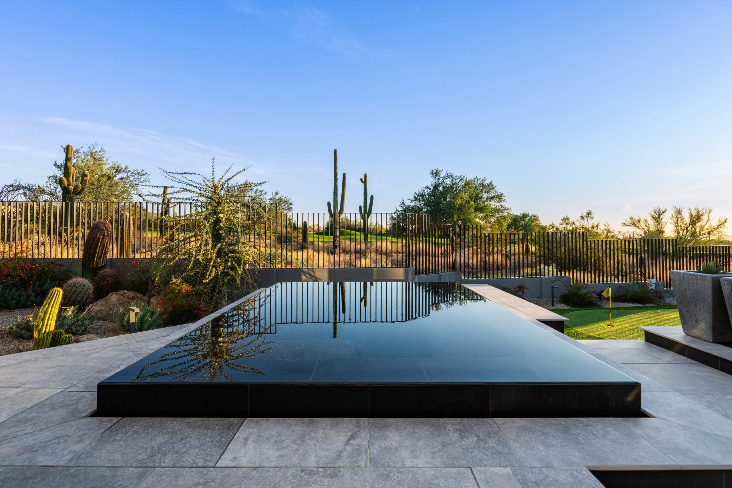 a pool with a fence and cactus in the background