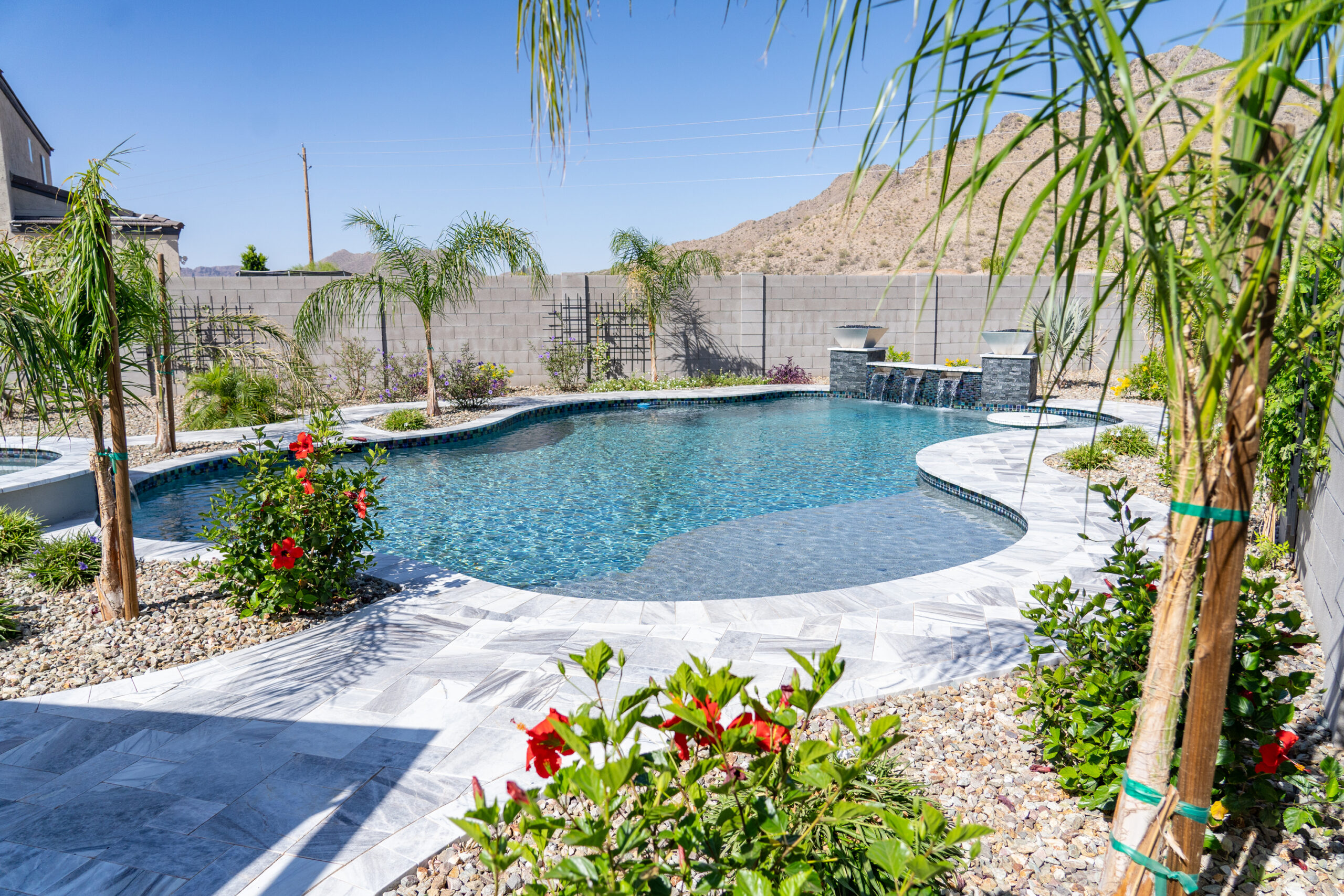 a pool with a stone walkway and plants
