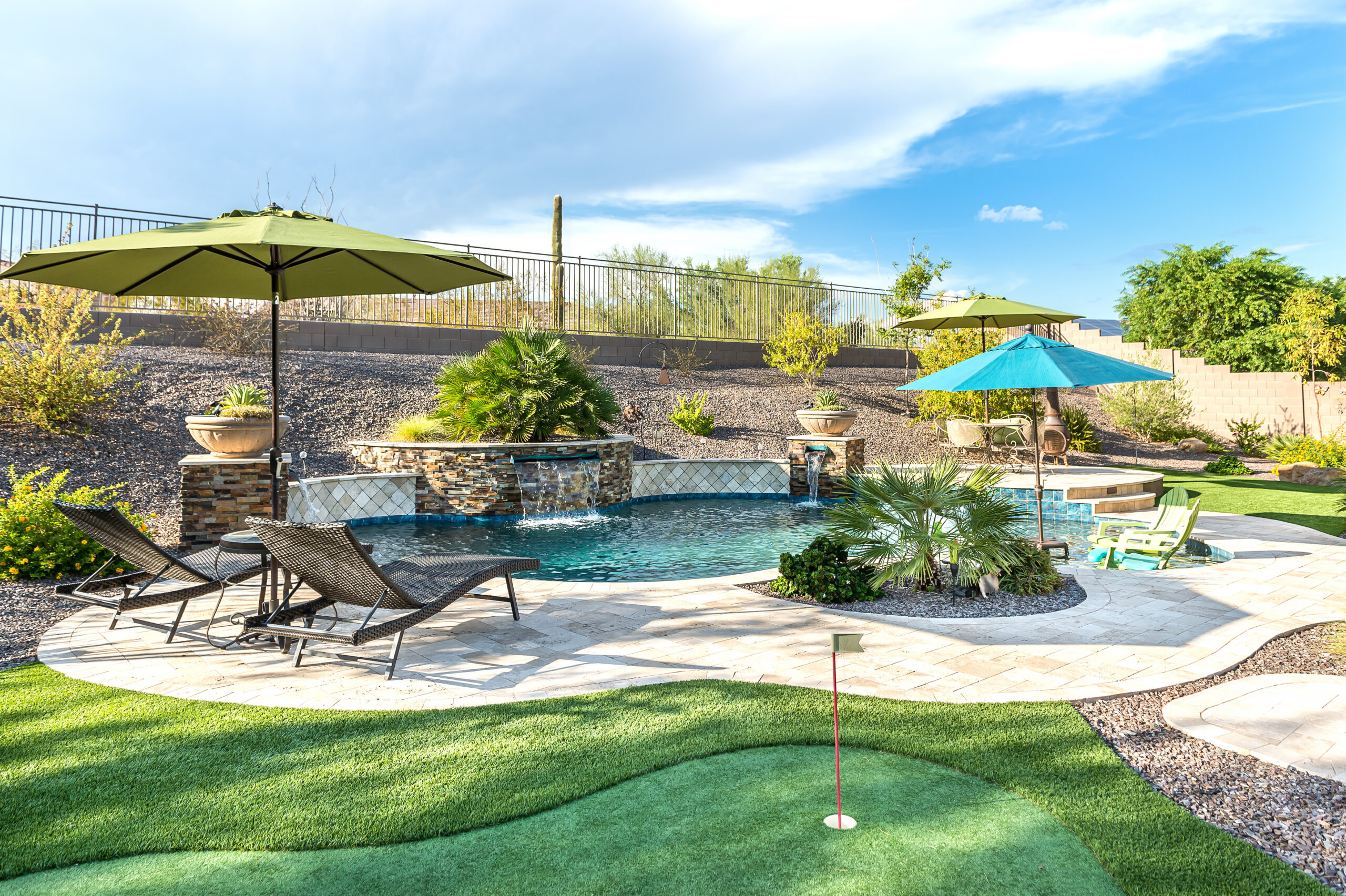 a pool with umbrellas and chairs